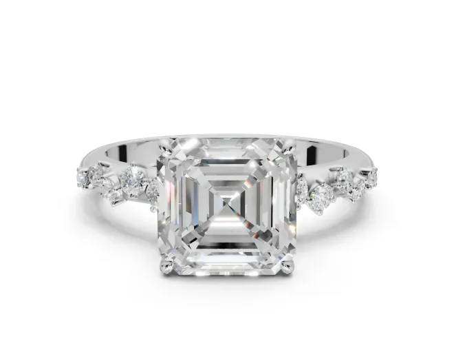 Asscher Cut Solitaire Engagement Ring Setting | Graduated Scattered Accents | White Gold