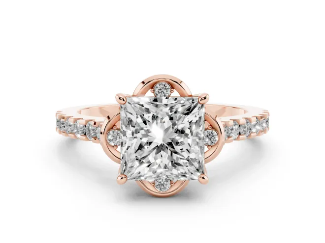 Princess Cut Diamond Solitaire Ring Set in Rose gold with Pavé Band and Floral Prong Setting