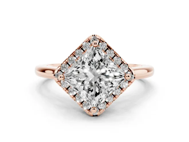 Princess Cut Diamond Halo Engagement Ring Set in Rose gold with Pavé Band and Rising Shoulders