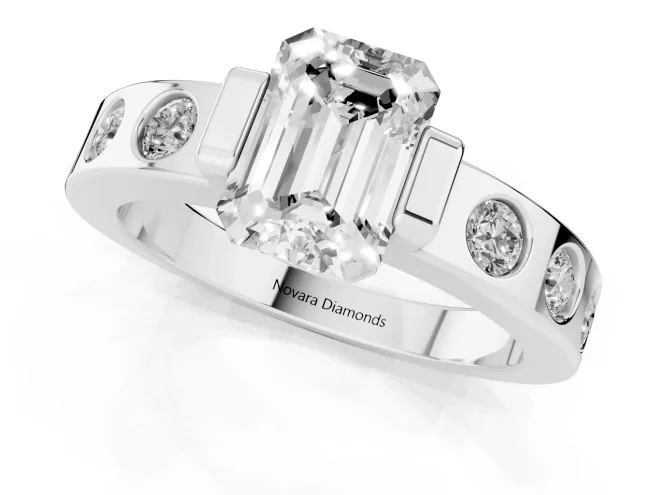 Emerald Cut Diamond Channel-Set Band Ring Set in White gold with Bezel Prong Setting – second view