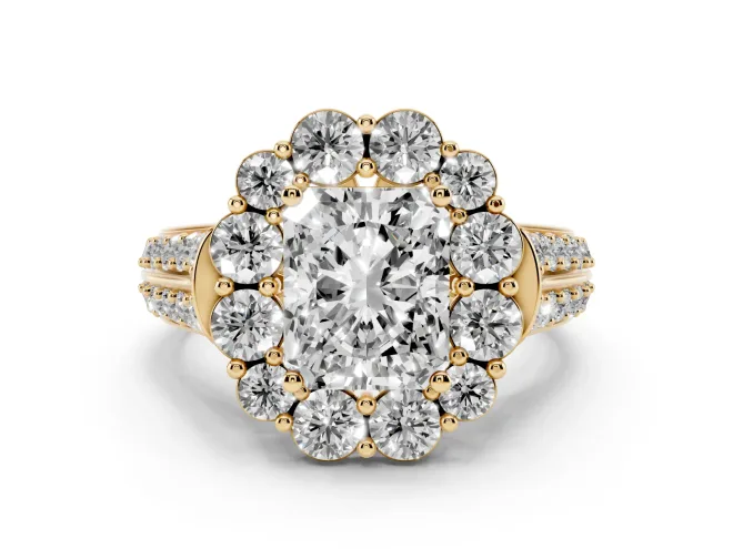 Radiant Cut Diamond Halo Engagement Ring Set in Yellow gold with Split Shank and Prong Setting