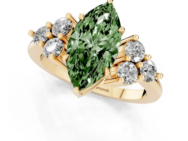 Fancy Green Marquise Cut Diamond Solitaire Ring Set in Yellow gold with Cluster Accents on Each Side – second view