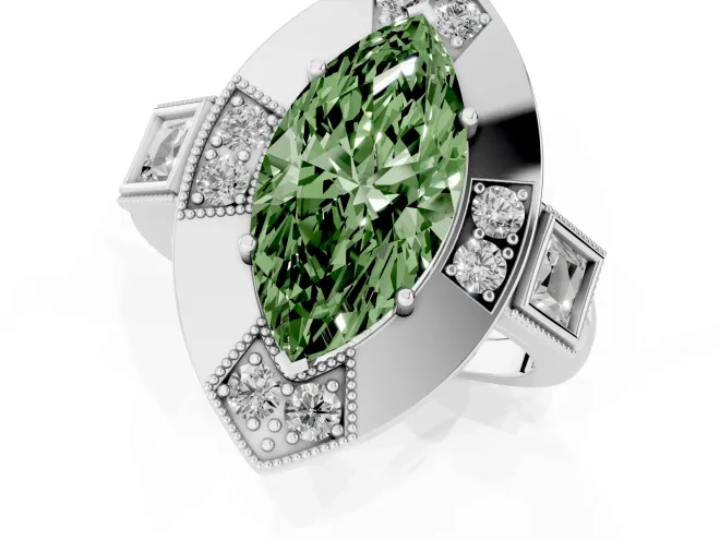 Fancy Green Marquise Cut Diamond Milgrain Halo Ring Set in White gold with Split Shank – second view