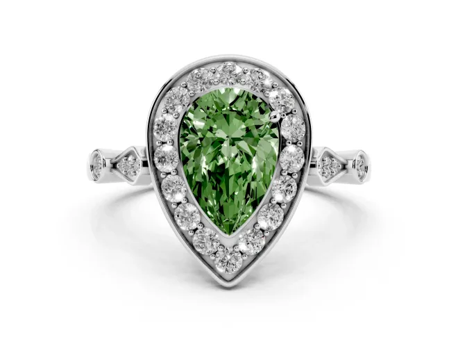 Pear-Shaped Halo Engagement Ring Setting for a Fancy Green Lab-Grown Diamond | Bezel Station Shoulders | Sterling Silver