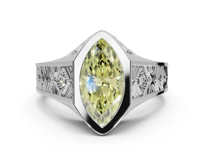 Marquise Vintage Bezel Engagement Ring Setting for a Fancy Yellow Lab-Grown Diamond | Engraved Band | White Gold