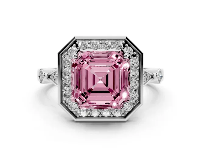 Asscher Cut Halo Engagement Ring Setting for a Fancy Pink Lab-Grown Diamond | Bezel Station Shoulders | Sterling Silver