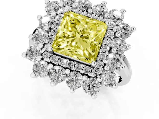 Fancy Yellow Princess Cut Diamond Floral Double Halo Ring Set in Platinum with Round Petals – second view