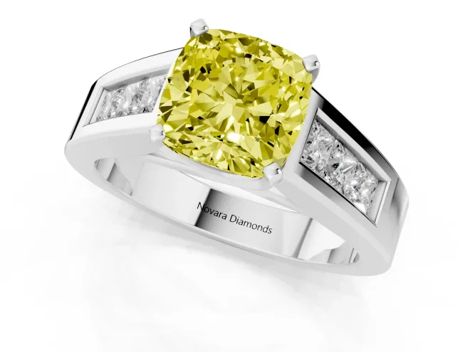Fancy Yellow Cushion Cut Diamond Solitaire Ring Set in White gold with Channel-Set Accent Stones and Prong Setting – second view