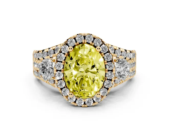 Oval Halo Split Shank Engagement Ring Setting for a Fancy Yellow Lab-Grown Diamond | Round Side Stones | Yellow Gold