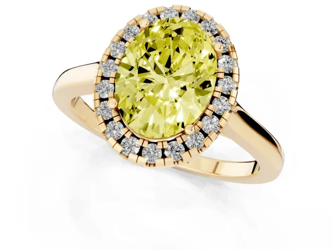 Fancy Yellow Oval Cut Halo Round Diamond Solitaire Ring Set in Yellow gold with Pavé Band and Prong Setting – second view