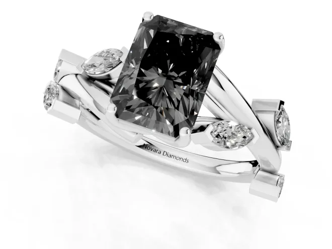 Fancy Black Radiant Cut Diamond Solitaire Ring Set in White gold with Twisted Marquise Accent Band – second view