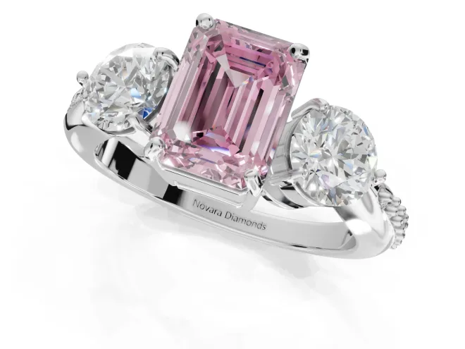 Emerald Cut Three Stone Engagement Ring Setting for a Fancy Pink Lab-Grown Diamond | Tapered Pave Band | Sterling Silver – second view