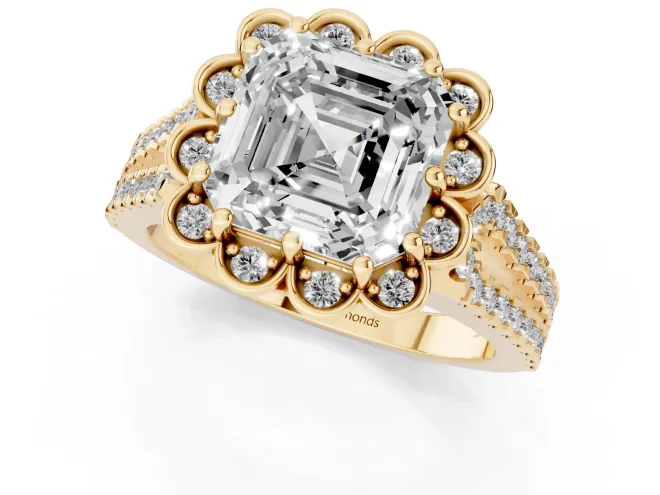 Asscher Cut Diamond Floral Halo Split Shank Engagement Ring Set in Yellow gold with Pavé Shank – second view