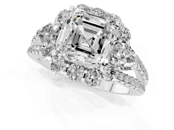 Asscher Cut Diamond Halo Split Shank Engagement Ring Set in Silver with Prong-Held Center Stone – second view