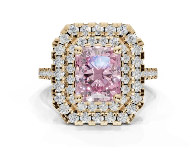 Radiant Cut Double Halo Engagement Ring Setting for a Fancy Pink Lab-Grown Diamond | Pavé Shoulders | Yellow Gold