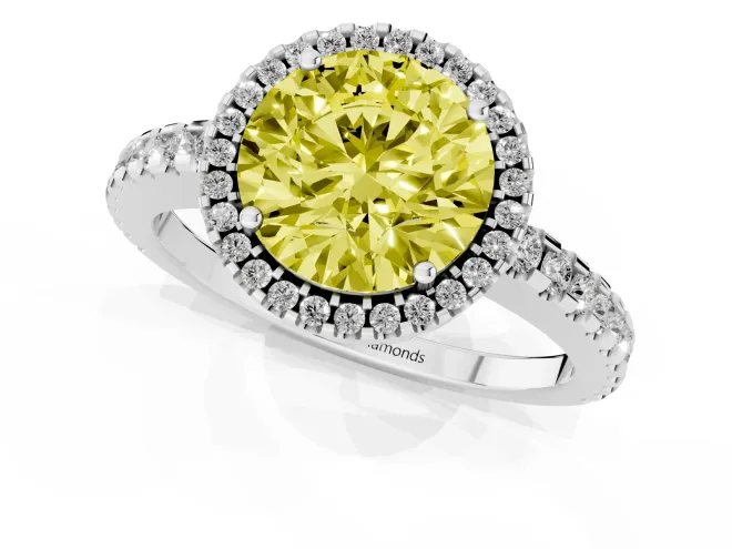Fancy Yellow Round Cut Diamond Halo Ring Set in Silver with Pavé Shoulders and Halo-Framed Center – second view