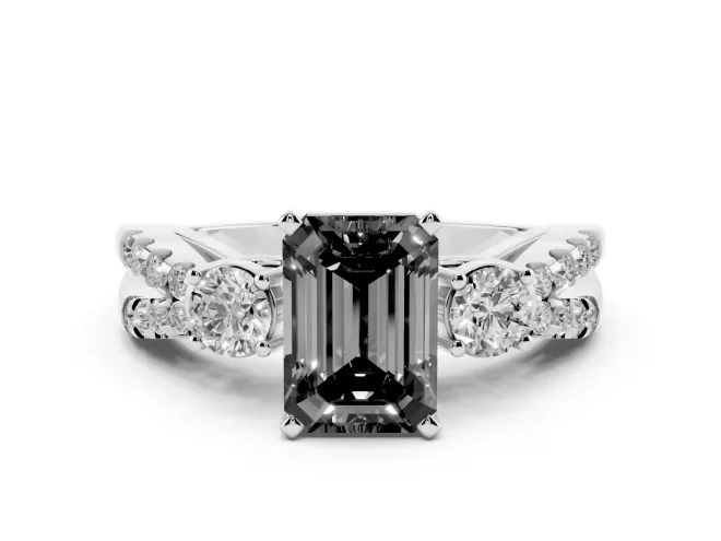 Emerald Cut Three Stone Engagement Ring Setting for a Black Center | Pavé Split Shank | White Gold