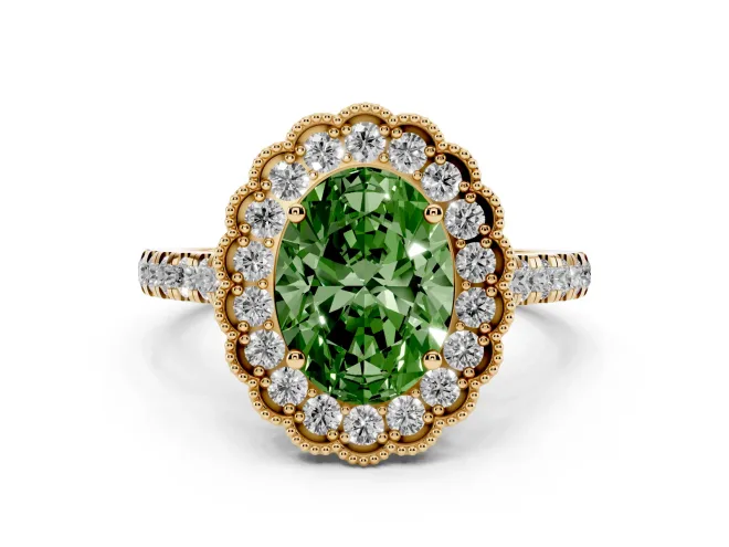 Oval Vintage Milgrain Floral Halo Engagement Ring Setting for a Fancy Green Lab-Grown Diamond | Pavé Band | Yellow Gold