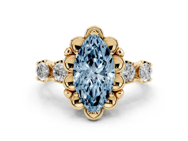 Fancy Blue Marquise Cut Diamond Floral Halo Ring Set in Yellow gold with Shared Prong Band