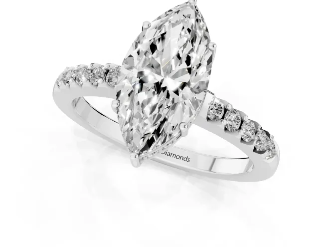 Marquise Cut Diamond Solitaire Engagement Ring Set in White gold with Pavé Band and Prong Setting – second view