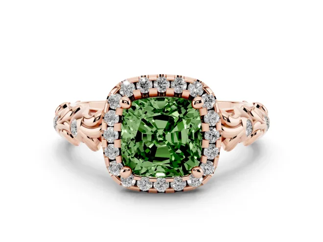 Cushion Cut Leaf Halo Engagement Ring Setting for a Fancy Green Lab-Grown Diamond | Bezel Accents | Rose Gold