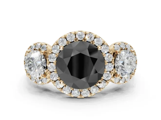 Round Three Stone Halo Engagement Ring Setting for a Black Center | Haloed Side Stones | Yellow Gold