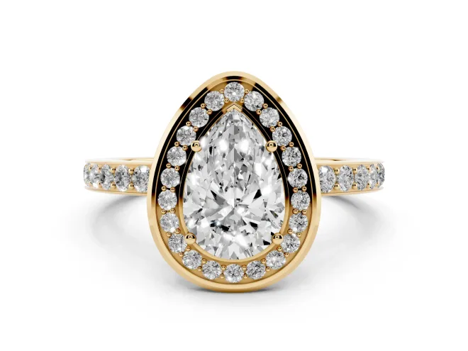 Pear Cut Diamond Halo Ring Set in Yellow gold with Bezel Frame and Pavé Band
