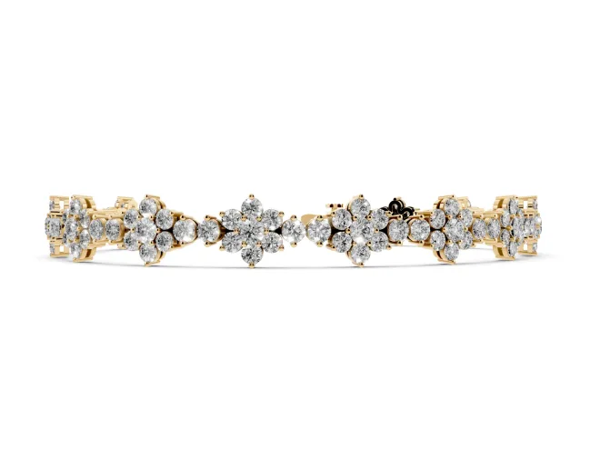 Round Lab-Grown Diamond Floral Cluster Tennis Bracelet | Flower Motif Links | Yellow Gold