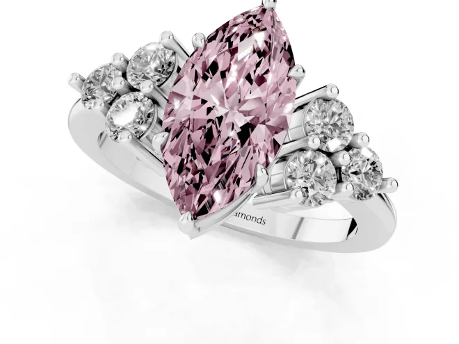 Fancy Pink Marquise Cut Diamond Solitaire Ring Set in White gold with Cluster Accents on Each Side – second view