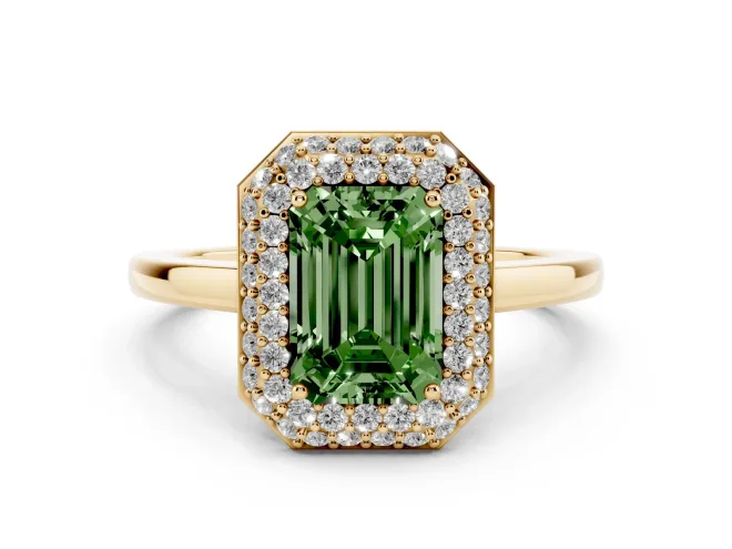 Emerald Cut Pavé Halo Engagement Ring Setting for a Fancy Green Lab-Grown Diamond | Slim Plain Band | Yellow Gold