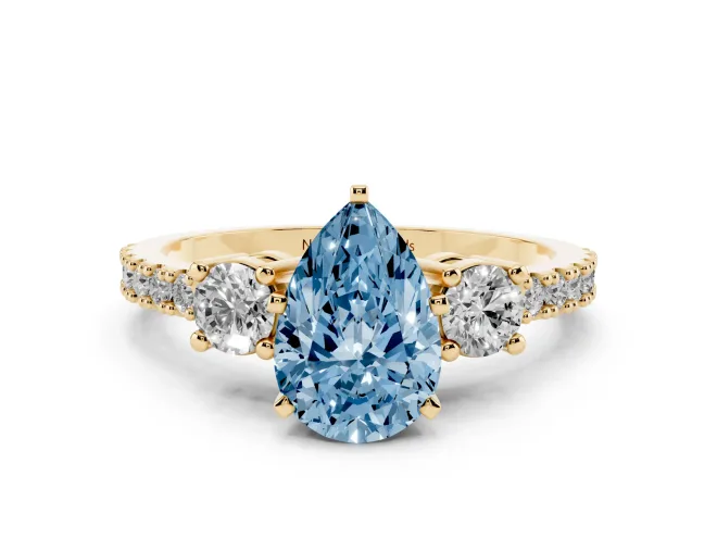 Pear-Shaped Three Stone Engagement Ring Setting for a Fancy Blue Lab-Grown Diamond | Pavé Band | Yellow Gold