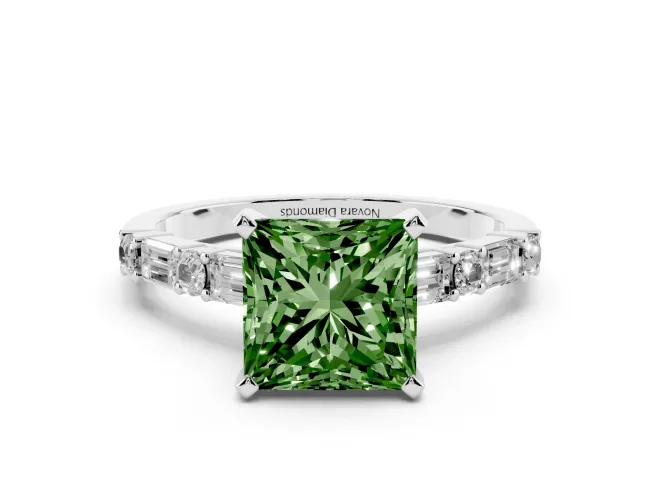 Princess Cut Baguette Side Stone Engagement Ring Setting for a Fancy Green Lab-Grown Diamond | White Gold