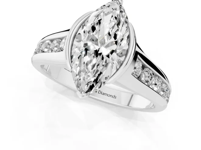Marquise Cut Diamond Bezel-Set Solitaire Ring Set in White gold with Channel-Set Band – second view