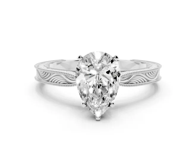 Pear Cut Diamond Solitaire Milgrain Engraved Band Set in Platinum with Prong Setting
