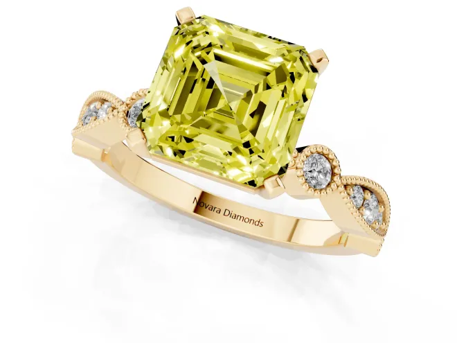 Fancy Yellow Asscher Cut Diamond Solitaire Engagement Ring Set in Yellow gold with Milgrain Bezel Accent Band – second view
