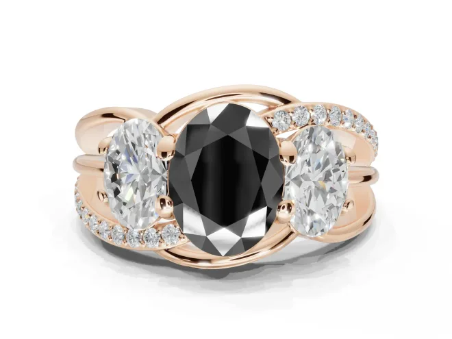 Oval Three Stone Split Shank Engagement Ring Setting for a Black Center | Matching Sides | Rose Gold
