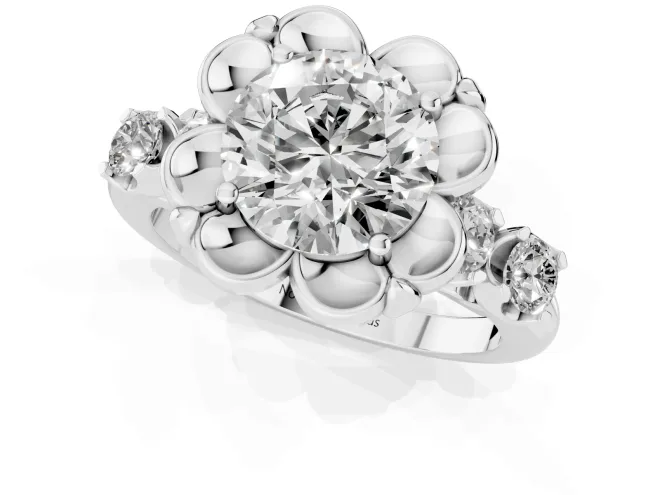 Round Cut Diamond Floral Halo Ring Set in Silver with Shared Prong Band – second view
