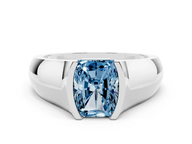 Fancy Blue Radiant Cut Diamond Bezel Solitaire Ring Set in Platinum with Wide Band