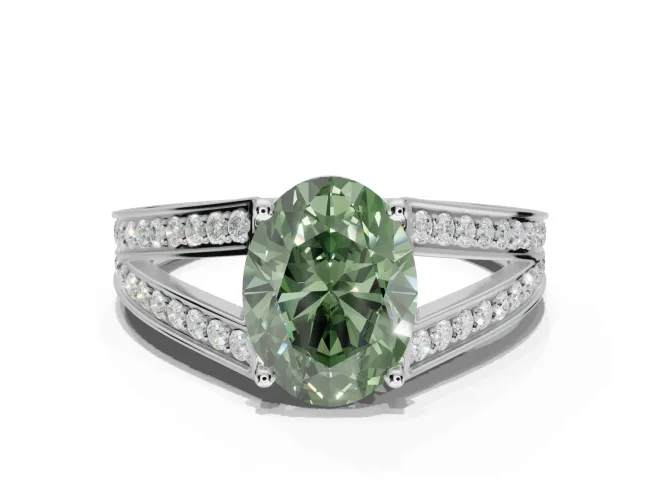 Oval Split Shank Pavé Engagement Ring Setting for a Fancy Green Lab-Grown Diamond | Sterling Silver
