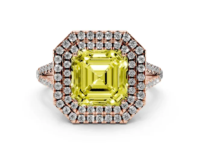 Fancy Yellow Asscher Cut Diamond Double Halo Ring Set in Rose gold with Pavé Band