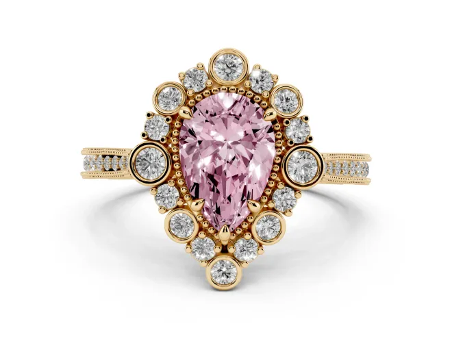 Pear-Shaped Scalloped Halo Engagement Ring Setting for a Fancy Pink Lab-Grown Diamond | Milgrain Edges | Yellow Gold