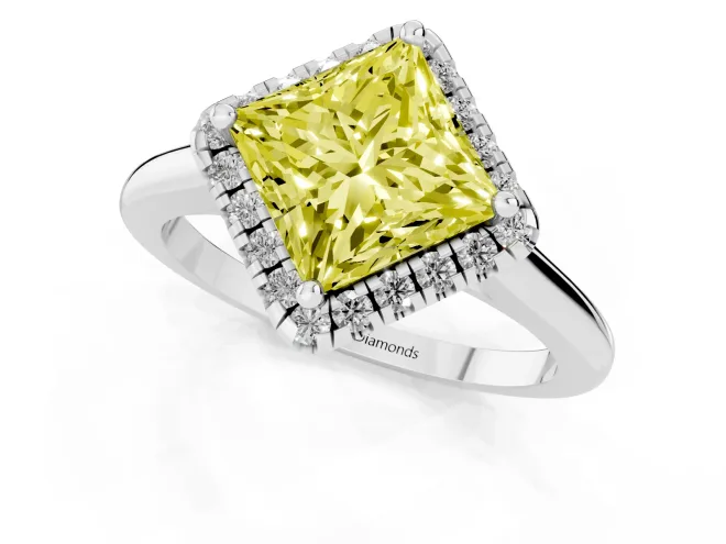 Fancy Yellow Princess Cut Diamond Halo Engagement Ring Set in Platinum with Pavé Band and Rising Shoulders – second view
