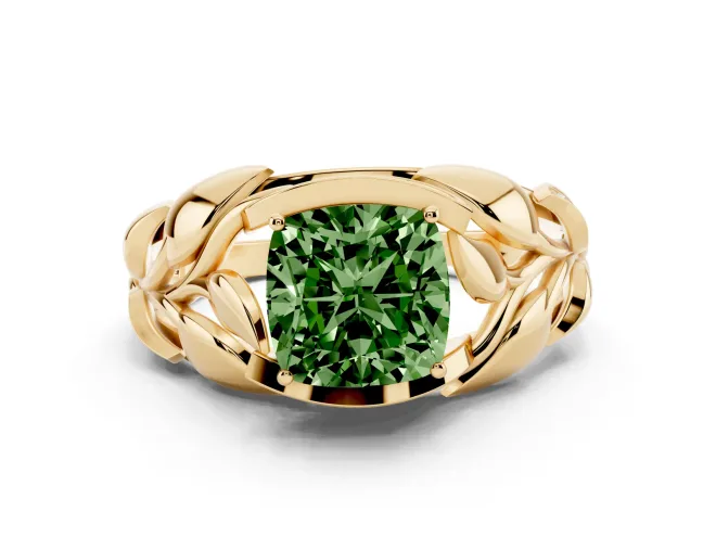 Fancy Green Cushion Cut Diamond Leaf-Inspired Engagement Ring Set in Yellow gold with Round Accents
