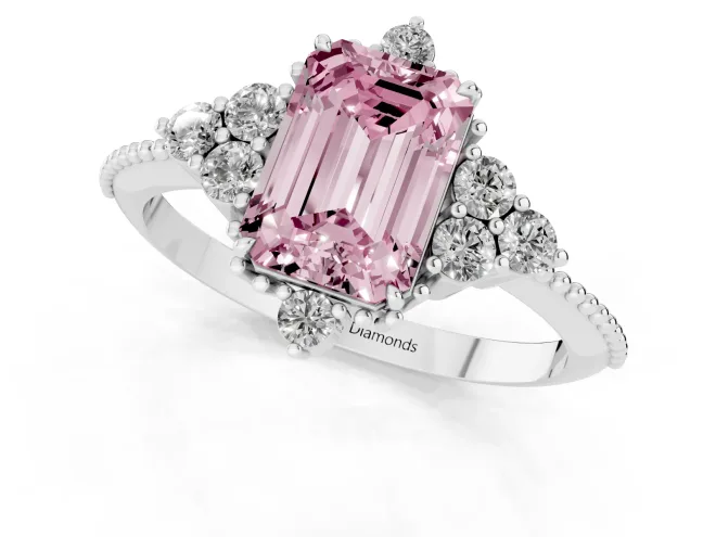 Fancy Pink Emerald Cut Diamond Cluster Ring Set in Platinum with Beaded Band – second view