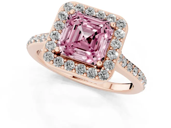 Fancy Pink Asscher Cut Diamond Halo Engagement Ring Set in Rose gold with Round Pavé Shoulders and Heart Gallery – second view
