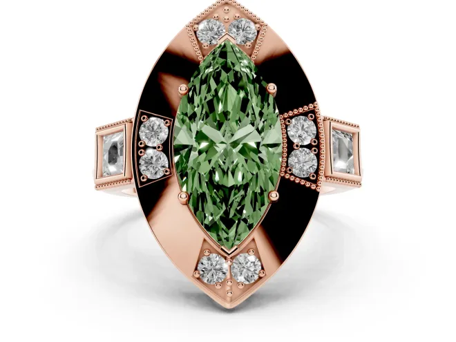 Marquise Milgrain Sectioned Halo Engagement Ring Setting for a Fancy Green Lab-Grown Diamond | Rose Gold