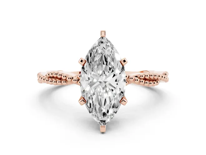 Marquise Cut Diamond Solitaire Ring Set in Rose gold with Twisted Band and Bead Prong Setting