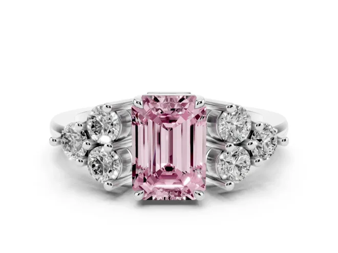 Fancy Pink Emerald Cut Diamond Solitaire Ring Set in Silver with Cluster Accents on Each Side