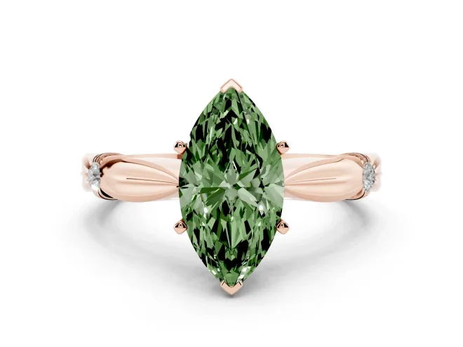 Fancy Green Marquise Cut Diamond Solitaire Twisted Band Ring Set in Rose gold with Accent Stones and Prong Setting