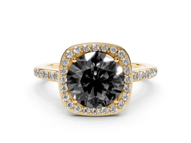 Round Pavé Halo Engagement Ring Setting for a Black Center | Yellow Gold